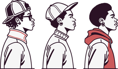 Three stylized illustrations of young men, shown in profile, facing right. All three have dark, curly hair and wear earrings.