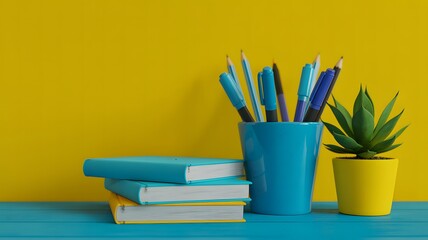 Vibrant Yellow and Teal Stationery Still Life: Books, Pens, Pencils, and Succulent Plant on Desk