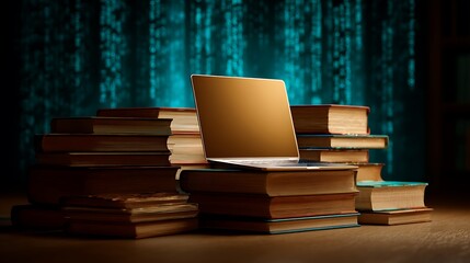 A laptop rests on stacks of old books against a backdrop of glowing digital code symbolizing the intersection of knowledge and technology