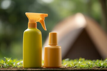 Mosquito Prevention Items Arranged Near a Camping Tent in Nature
