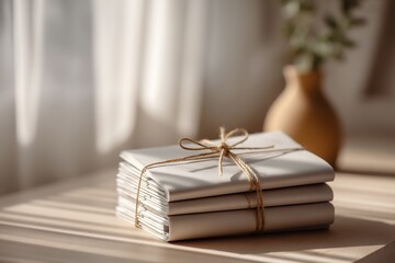 Neatly Stacked and Tied Newspapers in a Sunlit Room