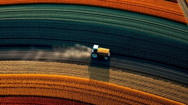 An aerial view of a tractor working in symmetrical rows of crops, showcasing vibrant colors of farmland and the rhythm of agricultural life, representing hard work and productivity