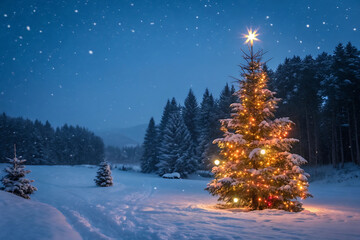 Christmas Tree Lit Amidst a Snowy Forest on a Winter Night

