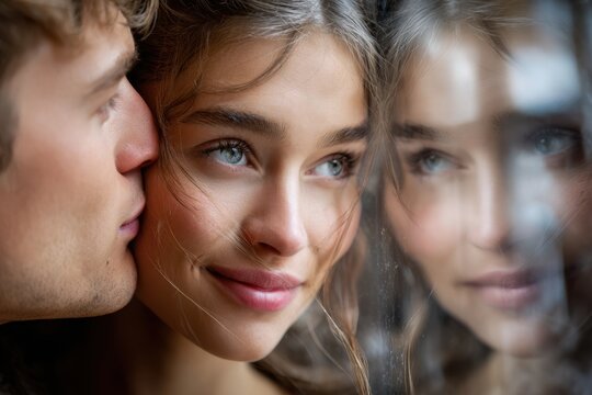 Romantic moment captured between a couple with a soft focus on reflections in the background - Powered by Adobe