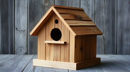 Wooden birdhouse sits on a wooden surface against a wood plank background.