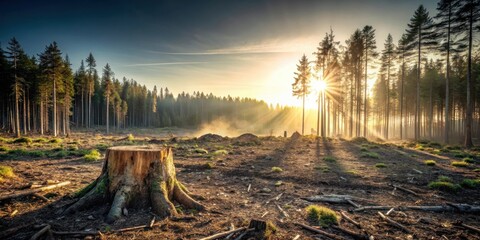 Obraz premium Sunrise Illuminates a Cleared Forest, Casting Long Shadows Across the Exposed Earth, a Single Tree Stump Remains as a Silent Witness to the Transformation