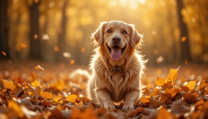 Playful Golden Retriever Dog in Autumn Leaves, Forest Setting, High-Quality Photograph