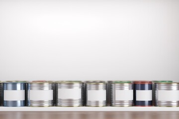 Canned Food Rows Arranged Neatly on a Small Shelf
