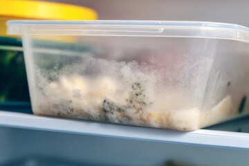 Spoiled Leftovers in a Clear Plastic Container Stored in a Refrigerator