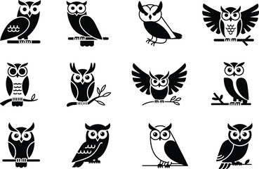 Set of twelve black owl icons, various styles and poses, perched on branches, flying, simple silhouette design, perfect for nature and wildlife projects