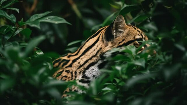 Ocelot Hiding in Lush Green Foliage - A beautiful ocelot is partially concealed within a dense thicket of vibrant green leaves.