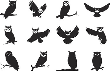 Set of twelve black owl silhouettes, various flying and perched poses, vector icons, night birds, wildlife symbols, nature design elements, isolated on white