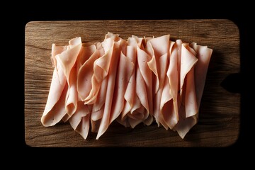 Thin Slices of Smoked Turkey Arranged on a Wooden Cutting Board