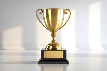Golden trophy with handles on a dark base with a gold plaque award competition