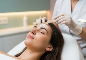 Naklejka premium A young woman lies on a treatment bed with her eyes closed, enjoying a facial treatment. A professional in wearing gloves, is applying a creamy product to her forehead using a wooden spatula