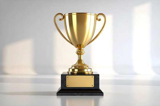 Golden trophy with handles on a dark base with a gold plaque award competition
