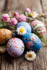 Obraz premium Hand painted easter eggs decorated with floral patterns and daisies, creating a festive springtime arrangement