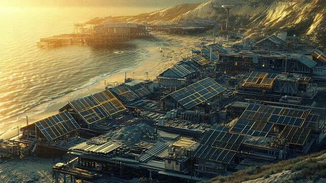
Sustainable Coastal Industrial Zone with Solar Panels at Sunset

