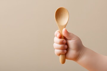 Toddler's Hand Gripping Wooden Spoon Against Plain Background