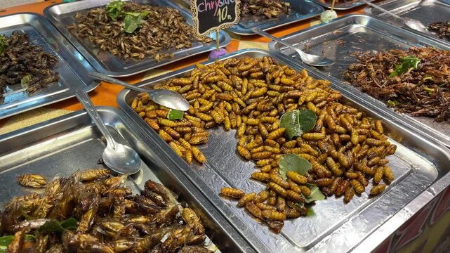 Assorted edible insects including silkworm pupae and crickets served on metal trays at an Asian street market. A hand scoops fried larvae with herbs for serving