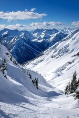 Fototapeta premium Snowy mountain range towering above dense pine forest, pristine white peaks contrasting against deep blue winter sky, peaceful wilderness landscape