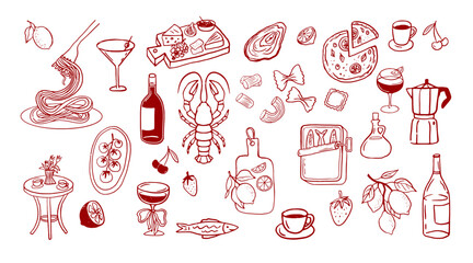 Italy, food and drinks set of illustration. Hand drawn sketch inked whimsical vector design. Wine, pasta, cheese, pizza, lobster, sardines, coffee and wine