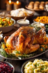 Golden brown roasted turkey serving as festive centerpiece, highlighting traditional holiday gathering with loved ones