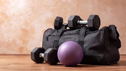 Black Gym Bag Filled with Dumbbells, Iron, and Purple Exercise Ball on Floor – Fitness and Workout Equipment