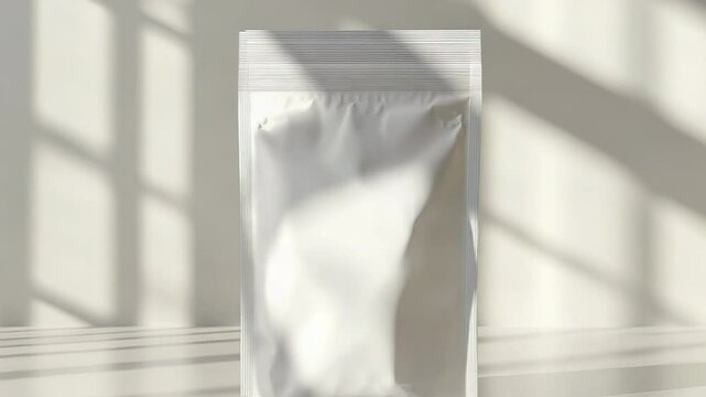 White blank doypack pouch packaging standing on table under window light