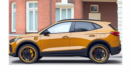 Obraz premium Side view of a golden yellow SUV.
