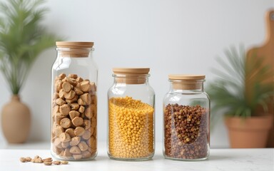 Glass containers with dry food in minimalist eco kitchen promoting zero waste lifestyle and sustainable habits. High quality