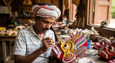 A craftsman carefully paints a vibrant traditional mask, focusing on intricate details.