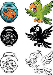 Cartoon style illustration of a cheerful parrot and fish in an aquarium, in playful dynamic poses with exaggerated facial expressions. Bold outlines, silhouette and lively energetic composition
