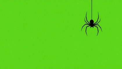 Silhouette of a spider hanging from a web against a bright green background.