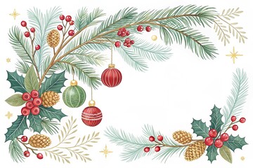 Vector Christmas Branches Border with Christmas Decorations on White Background