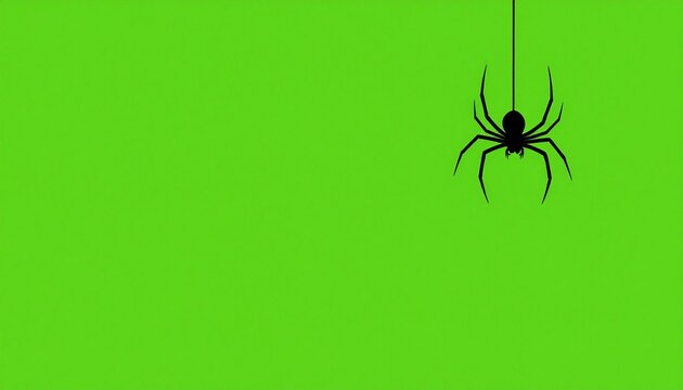 Silhouette of a spider hanging from a web against a bright green background.
