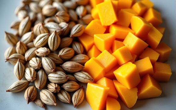 Sustainable Food Practices. Top view of roasted butternut squash seeds and chopped squash, showcasing sustainable cooking and zero-waste food practices. High quality