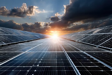 Solar panels reflect sunlight during sunset over renewable energy field