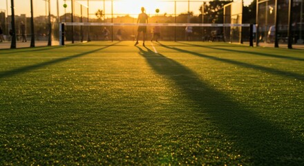 Padel players silhouetted on a green court at golden hour sunset, with long shadows stretching across the vibrant turf