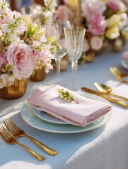 Elegant Wedding Table Setting with Pink Flowers and Gold Cutlery