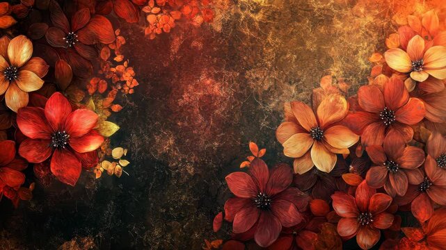 Vibrant autumn floral arrangement with red and orange flowers against a dark textured background