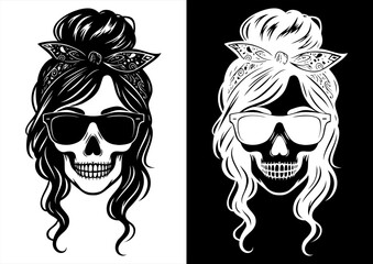 Skull Girl with Bandana and Sunglasses - Vector Line Art