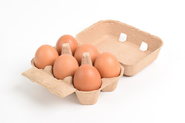 Open egg box with brown eggs isolated on white background with clipping path. Fresh organic chicken...