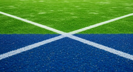 Vibrant green and blue artificial turf sports field with intersecting white lines, abstract view of athletic surface