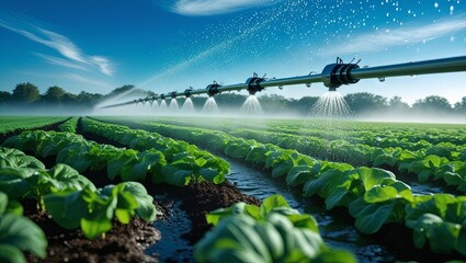 An agricultural scene with a vast irrigation system spraying water across vibrant green crops beneath a clear blue sky, illustrating advanced farming methods and sustainable agriculture practices 