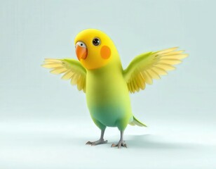 Cute 3D Cartoon Parakeet Stretching Wings with Clean Background