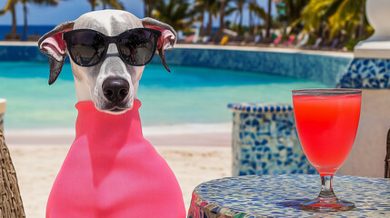 Whippet dog in sunglasses enjoying summer vibes with cocktail at luxury resort pool, great for humorous advertising, travel content, pet branding, and summer holiday visuals.
