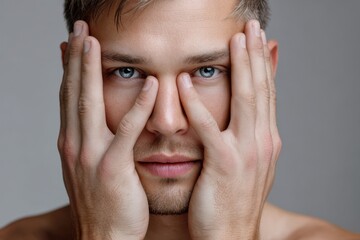 Fototapeta premium Young man holding his face with hands while looking directly at the camera indoors