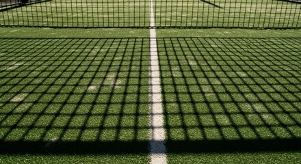 Green sports court with strong grid shadows from net and white dividing line on a sunny day