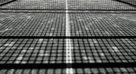 Dynamic Grid Shadows Across a Sports Court with Central White Line, Abstract Perspective